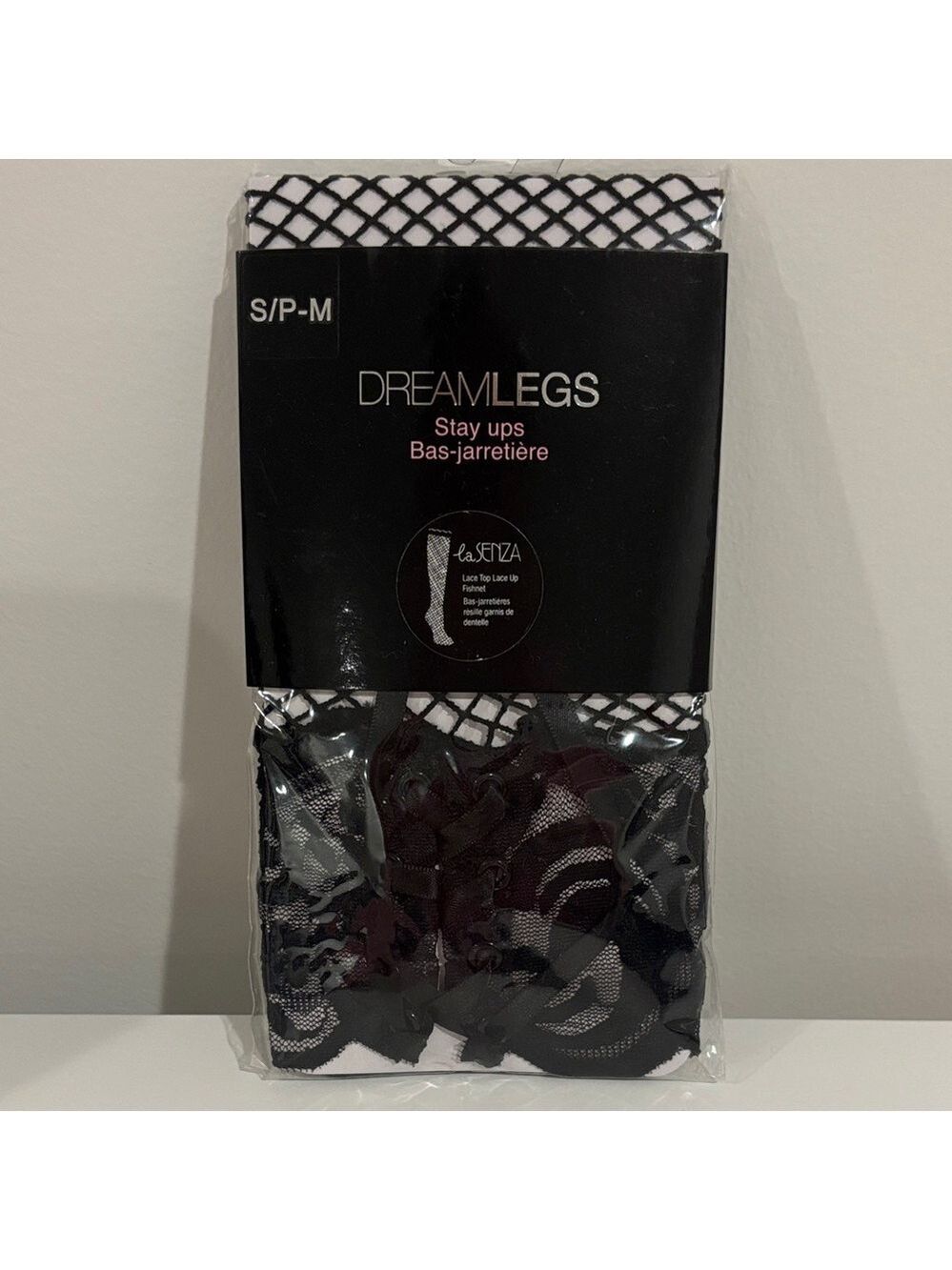 La SENZA Dreamlegs Stayups Black Fishnet Stockings lace top Lace up NEW size s/m